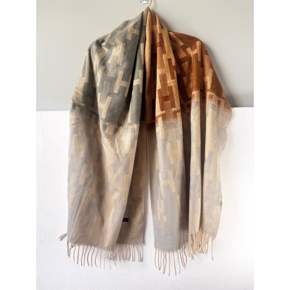 Cashmere Touch Scarf Grey Tan Rust Orange Geometric Fringe Wrap Shawl